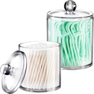 SheeChung 2 Pack(10oz&12oz) Clear Acrylic Qtip Holder Dispenser – Shatterproof Plastic Apothecary Jars for Bathroom Organization – Vanity Storage Canisters for Cotton Swabs,Balls,Pads,Q-Tips